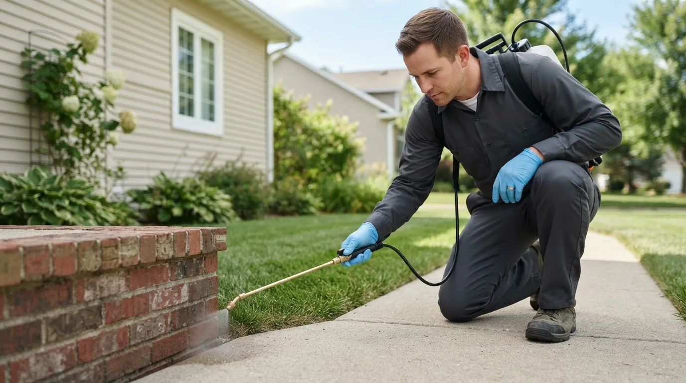 Pest control technician treating a home near Snover, MI