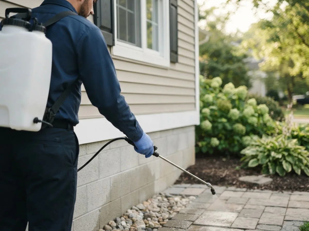 Pest control technician inspecting a home in Snover, MI